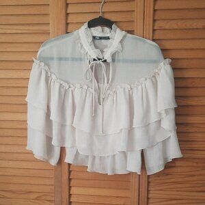 Zara Ruffle Beige Tiered Layer Sheer Keyhole Neck Elastic Waist Crop Top XS